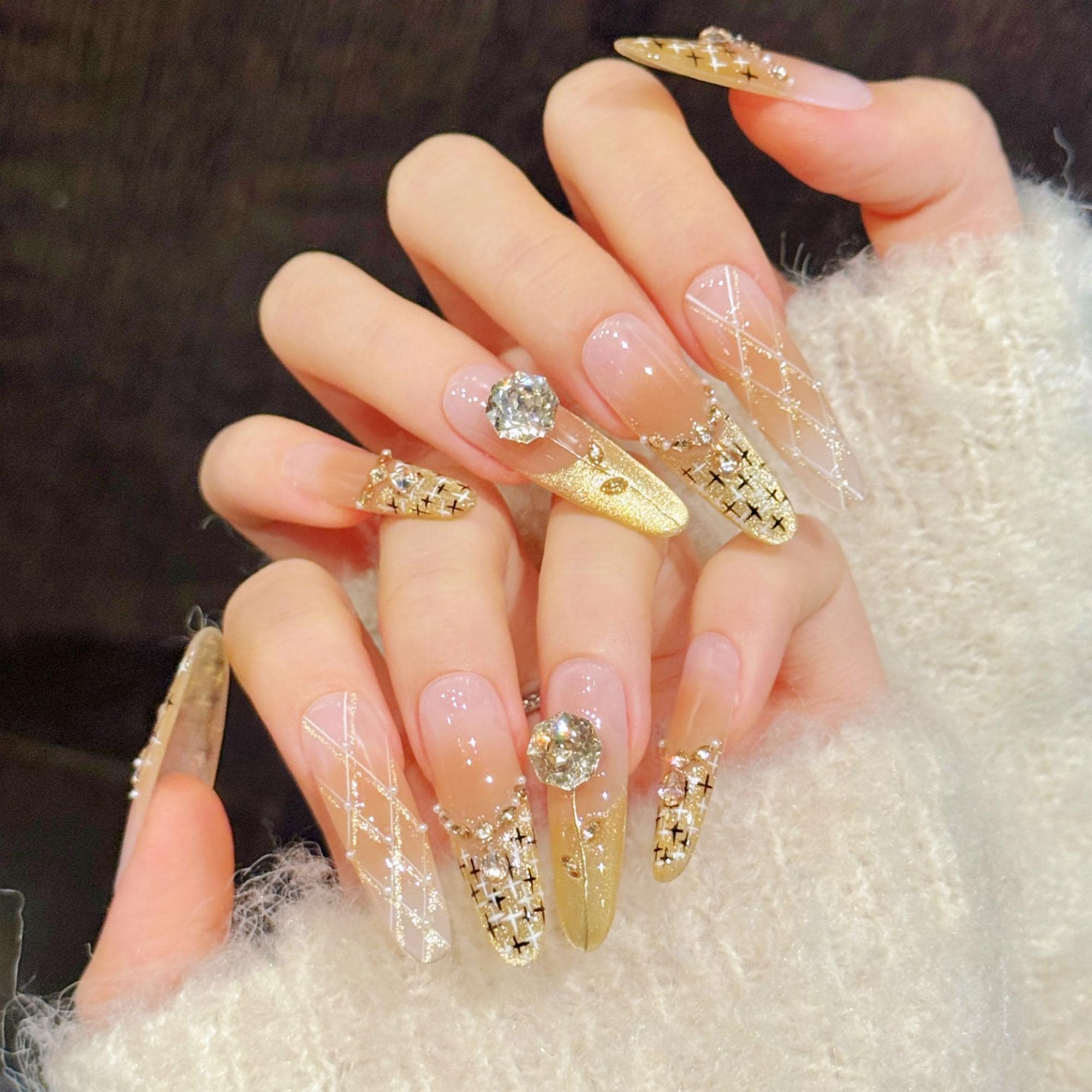 nails for gold sequin dress Handmade Glitter Press on | Rhinestone Nail Art Set Style:CM3016D01