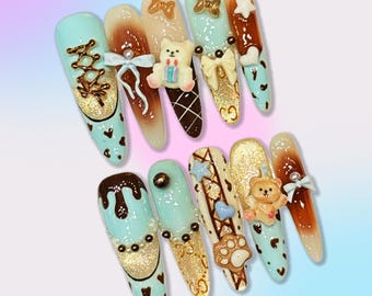 Cute Bear Chocolate Press On Nails – Sweet Blue and Brown 3D Dessert Nail Set, Kawaii Long Fake Nails with Bows and Hearts