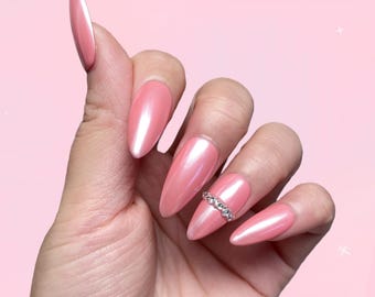 Pink Pearl Press On Nails | Soft Girl Glossy Nails | Bridal Romantic Fake Nails