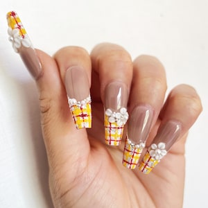 XL Coffin Vintage Style art nails, press on nails, floral nails, reuse nails, jelly fake nail, glitter shine Summer nails
