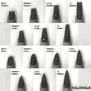 Puede incluir: Un gr&aacute;fico que muestra diferentes formas y tama&ntilde;os de u&ntilde;as, incluyendo cuadrado corto, cuadrado mediano, cuadrado largo, cuadrado XL, ata&uacute;d mediano, ata&uacute;d largo, ata&uacute;d XL, &oacute;valo corto, &oacute;valo mediano, almendra mediana, almendra larga, stiletto mediano, stiletto largo y stiletto XL.