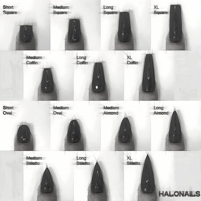 Puede incluir: Un gr&aacute;fico que muestra diferentes formas y tama&ntilde;os de u&ntilde;as, incluyendo cuadrado corto, cuadrado mediano, cuadrado largo, cuadrado XL, ata&uacute;d mediano, ata&uacute;d largo, ata&uacute;d XL, &oacute;valo corto, &oacute;valo mediano, almendra mediana, almendra larga, stiletto mediano, stiletto largo y stiletto XL.