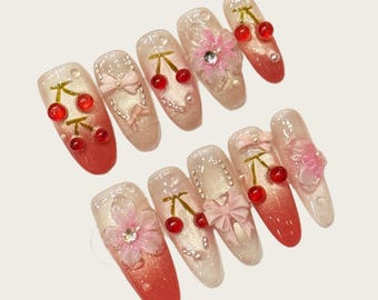 3D Cherry Blossom Press On Nails | Pink Bow and Cherry Nail Art | Handmade Kawaii Glitter False Nails | Cute Spring Acrylic Nails Set