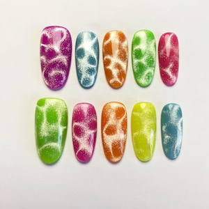 Medium Oval  Rainbow Sugary Cat Eye nails, press on nails, glue on cat eye nails, reuse nails, jelly fake nail, glitter shine Spring nails