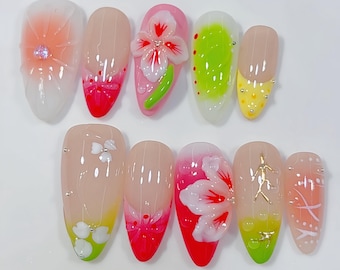 Uñas postizas con diseño de flores y frutas en 3D, set de uñas de primavera y verano, uñas florales hechas a mano, uñas con efecto degradado de gelatina, lindas uñas almendradas.