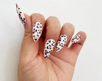 Unhas postiças com estampa de leopardo rosa, pontas de unhas postiças femininas