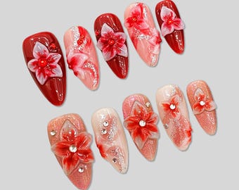Almond Red Floral Press On Nails | 3D Rhinestone Handmade False Nails