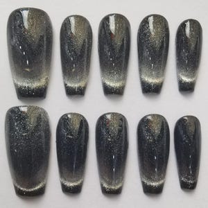 Black Cat Eye art nails, High-End Gradient Black Glitter Nail Art Press-on Set, Fashionable Custom Nail Tips, reuse nails, jelly fake nail.