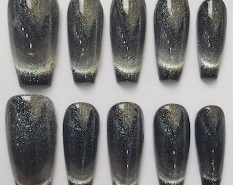 Uñas postizas de ojo de gato negro: purpurina degradada, puntas reutilizables