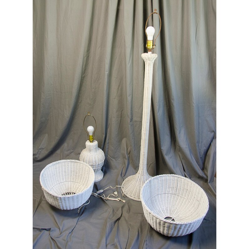Pair of Vintage White Wicker Table and Floor Lamps Etsy