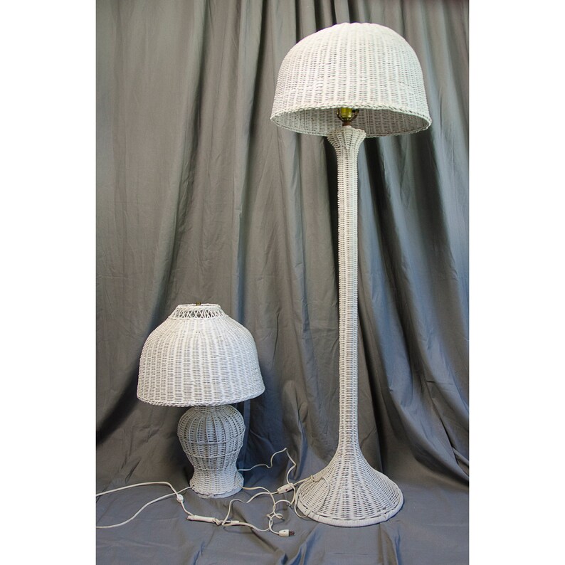 Pair of Vintage White Wicker Table and Floor Lamps Etsy