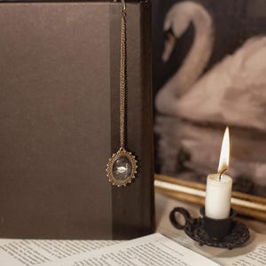 May include: A dark brown book with a decorative gold-colored bookmark featuring a small oval pendant with a swan design. A lit white candle in a black holder sits nearby, with a swan painting in the background.