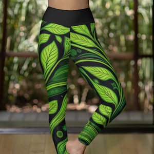 Neon Green Leaf Yoga Leggings: High Waist Activewear
