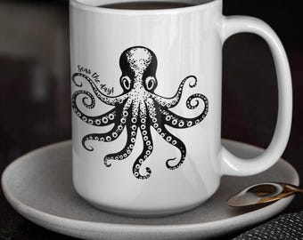 Seas the Day Mug: Octopus Pun Quote, Ocean Lover Gift