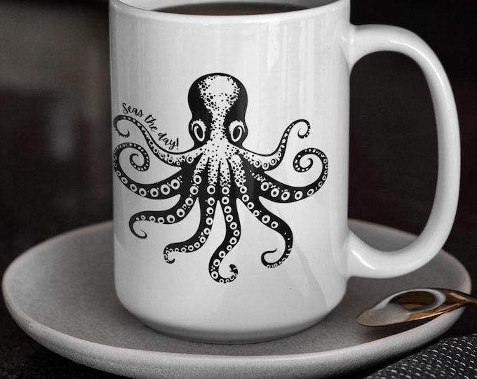Seas the Day Mug: Octopus Pun Quote, Ocean Lover Gift