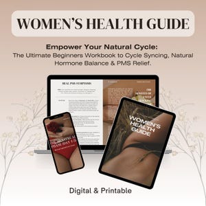 Puede incluir: Una guía digital e imprimible para la salud de la mujer, con una portada rosa y roja con el texto "The Menstrual Phase (Day 1-5)". La guía se muestra en la pantalla de una computadora portátil, junto con una guía más grande con el cuerpo de una mujer en la portada y el texto "Women's Health Guide".