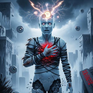 May include: Digital artwork of a person with blue-grey skin, bound by black cords, with a red glowing chest. Lightning bolts and clocks emanate from the head, set against a dystopian cityscape with floating eyeballs.