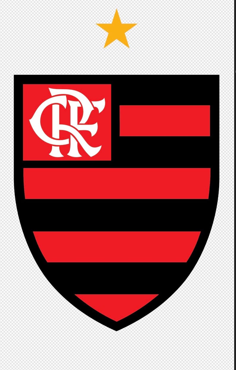 May include: A shield-shaped emblem with a black and red design. The top left corner features a red square with a white intertwined monogram. Below, alternating red and black horizontal stripes fill the shield. A gold star sits above.