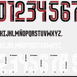 May include: A collection of red and black sports-themed graphics, including numbers, letters, and team logos. The numbers are outlined in black with a red interior, and the letters are in a bold, sans-serif font. The Texaco logo is also present.
