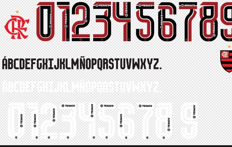 May include: A collection of red and black sports-themed graphics, including numbers, letters, and team logos. The numbers are outlined in black with a red interior, and the letters are in a bold, sans-serif font. The Texaco logo is also present.