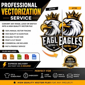 Pode incluir: Um anúncio de serviço de vetorização profissional apresentando uma comparação antes e depois de um logotipo de águia. O gráfico inclui texto como Professional Vectorization Service, Eagles Football Club e 100% Satisfaction Guaranteed.