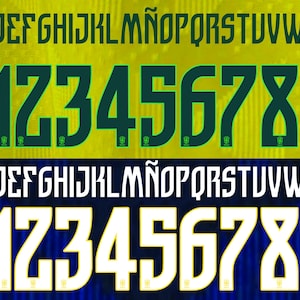 Puede incluir: Gráfico que presenta tres filas de letras y números en diferentes estilos. La fila superior muestra letras y números verdes sobre un fondo amarillo. La fila central muestra números verdes sobre un fondo amarillo. La fila inferior muestra letras y números blancos sobre un fondo azul.