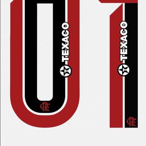 May include: A graphic design featuring the number "01" in a bold, stylized font. The design incorporates red, black, and white colors, with the word "TEXACO" and a star logo. A small emblem is also present.