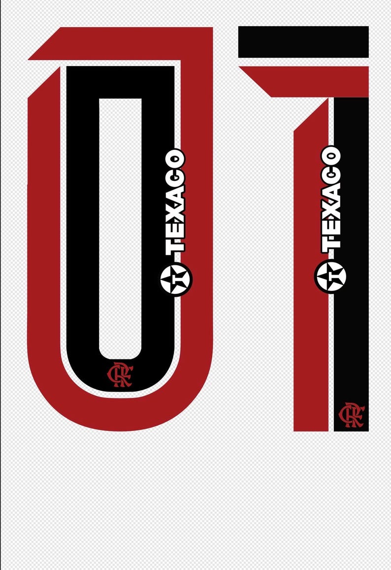 May include: A graphic design featuring the number "01" in a bold, stylized font. The design incorporates red, black, and white colors, with the word "TEXACO" and a star logo. A small emblem is also present.
