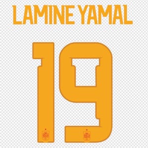 Pode incluir: Um design gráfico com o nome LAMINE YAMAL em letras maiúsculas amarelas em negrito, posicionado acima do número 19 grande em amarelo. Cada dígito do número 19 contém um pequeno emblema detalhado do brasão da seleção espanhola de futebol.