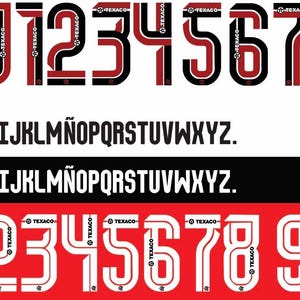 May include: A graphic design featuring the Flamengo football club's logo, numbers, and alphabet in red and black. The numbers 0-9 are displayed in a bold, stylized font, with the Texaco logo incorporated.