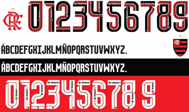 May include: A graphic design featuring the Flamengo football club's logo, numbers, and alphabet in red and black. The numbers 0-9 are displayed in a bold, stylized font, with the Texaco logo incorporated.