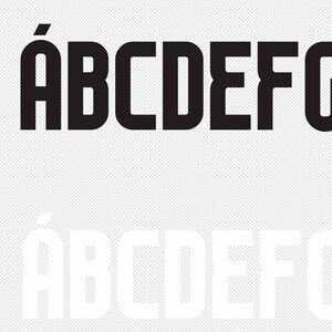 May include: Black bold font with the letters ABCDEFG, with a white shadow effect. The letter A has an accent mark. The background is a light gray grid pattern.