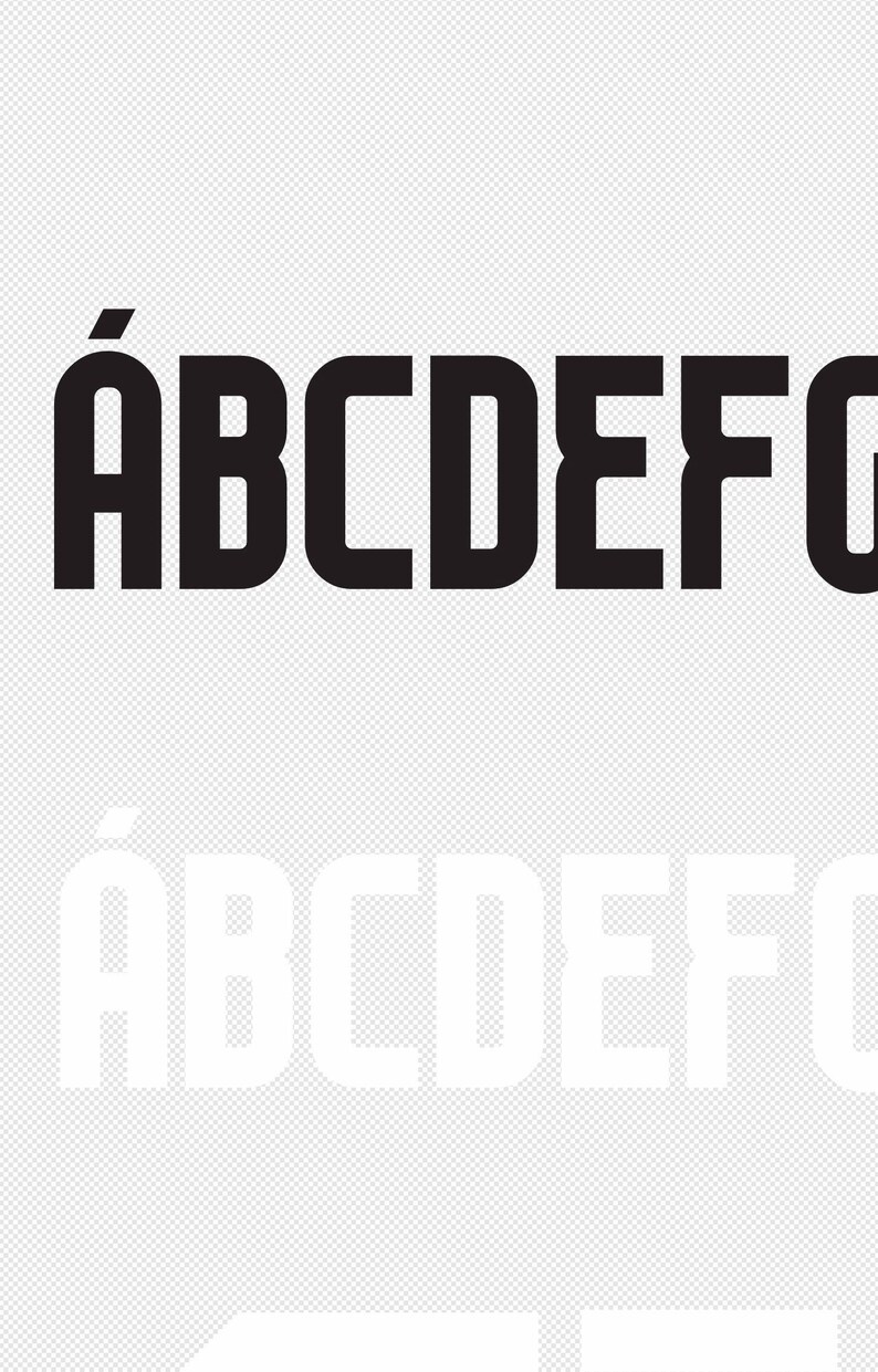 May include: Black bold font with the letters ABCDEFG, with a white shadow effect. The letter A has an accent mark. The background is a light gray grid pattern.