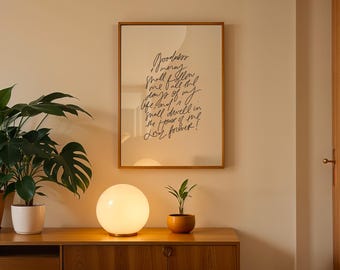 May include: A rectangular framed wall art piece featuring black cursive script that reads: Goodness and mercy shall follow me all the days of my life and I shall dwell in the house of the Lord forever! The print is encased in a thin wooden frame.