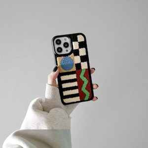 Plush Embroidered Geometric Phone Case – Soft Autumn Winter Ins Style Cozy Cover for iPhone 11 12 13 14 15 16 Pro Max X XR XS