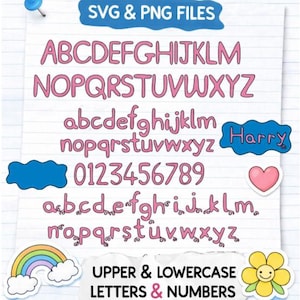 Może przedstawiać: Cyfrowy projekt przedstawiający różową czcionkę z wielkimi i małymi literami oraz cyframi. Wyświetlane są słowa "CUTE FONT!" i "SVG & PNG FILES". Elementy dekoracyjne obejmują serce, tęczę i kwiat.