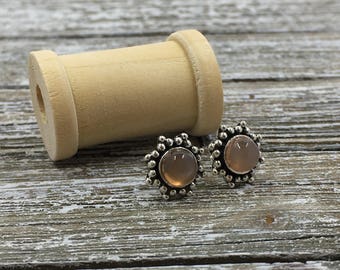 Gemstone Sterling Silver Starburst Stud Earrings - Peach Moonstone