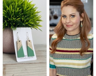 Worn on Aurora Teagarden Mysteries - Til Death Do We Part  - Wood and Green Resin Long Rectangle Earring