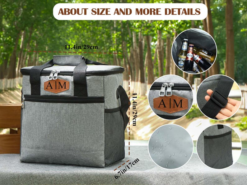 Pu&ograve; includere: Borsa termica grigia con dettagli neri. Presenta una toppa in pelle marrone con le iniziali "A|M". Dimensioni: 29 cm di altezza e larghezza, 17 cm di profondit&agrave;. Include tracolla e tasca laterale in rete.