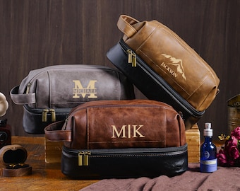 Personalized Engraved Men's Leather Toiletry Bag, Groomsmen Gifts, Travel Toiletry Bag for Men, Leather Dopp Kit, Toiletry Bag for Him