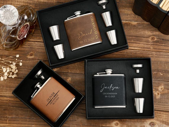 Personalized Engraved Leather Flask for Men, Groomsmen Gifts, Custom Groomsmen Leather Flask, Flask for Groomsmen