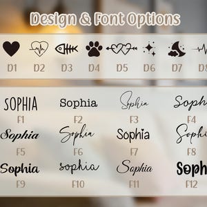 May include: Image showcasing design and font options, including heart, heartbeat, fishbone, paw print, and star icons. The name "Sophia" is displayed in various font styles, labeled F1 through F12, offering customization choices.