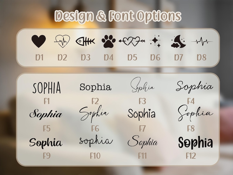 May include: Image showcasing design and font options, including heart, heartbeat, fishbone, paw print, and star icons. The name "Sophia" is displayed in various font styles, labeled F1 through F12, offering customization choices.