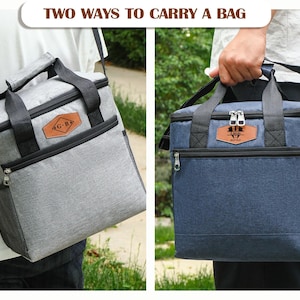 Pu&ograve; includere: Due borse frigo isolate, una grigia e una blu navy, ciascuna con manico e tracolla neri. Le borse hanno una tasca frontale con cerniera, una tasca laterale in rete e una toppa in similpelle marrone con un logo. Il testo "TWO WAYS TO CARRY A BAG" &egrave; in alto.