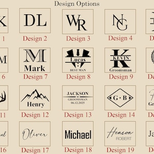 Pu&ograve; includere: Una collezione di 20 opzioni di design per articoli personalizzati, ognuna con una combinazione unica di iniziali, nomi o simboli. I design includono monogrammi, nomi e grafiche come corna e montagne, il tutto in uno stile semplice ed elegante.