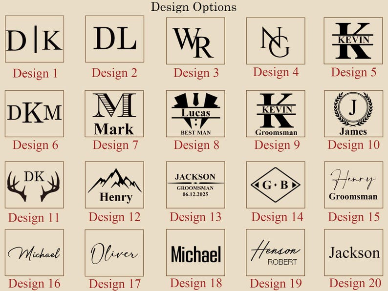 Pu&ograve; includere: Una collezione di 20 opzioni di design per articoli personalizzati, ognuna con una combinazione unica di iniziali, nomi o simboli. I design includono monogrammi, nomi e grafiche come corna e montagne, il tutto in uno stile semplice ed elegante.