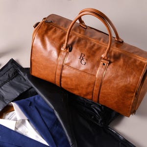 Personalized Mens Leather Garment Duffle Bag, Groomsmen Gifts, Groomsman Suit Bag, Custom Waterproof Weekender Bags