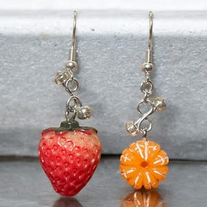 Fruit Dangle Earring Kawaii Food Jewelry Citrus Gift for Her Cute Statement Earring Summer Fun Strawberry Earring Orange Earring Anniversary