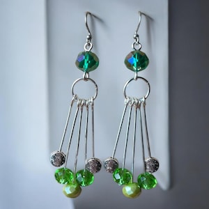 Green Beaded Dangle Earrings: Boho Silver-Plated Statement Jewelry