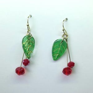 Cherry Leaf Earrings: Red Beaded Fruit, Whimsical Nature Jewelry